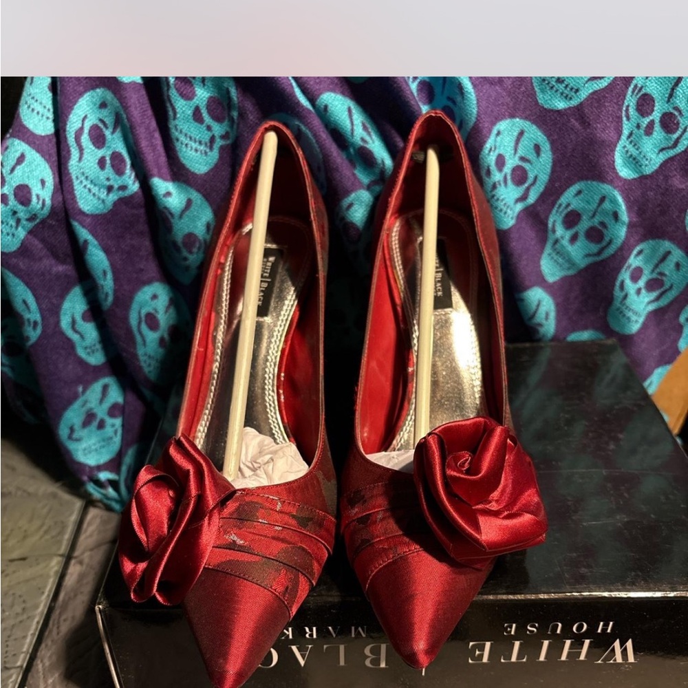 White House Black Market Red Satin Heels with Floral Detail
